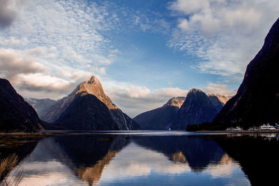 Scenic view of lake by mountains against sky