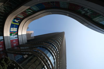 Low angle view of modern buildings against clear blue sky