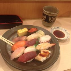 High angle view of food in plate on table