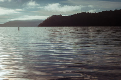 Scenic view of lake against cloudy sky