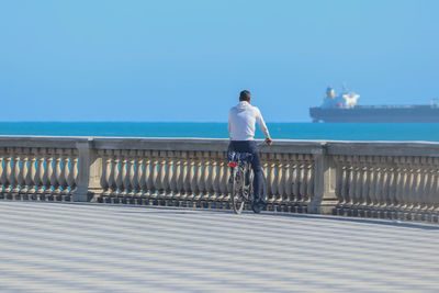 Rear view of man looking at sea against sky