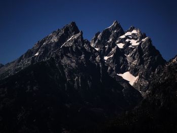 Low angle view of mountain against clear blue sky