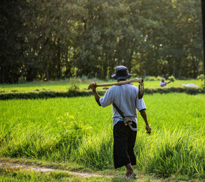 Rear view of man standing on field