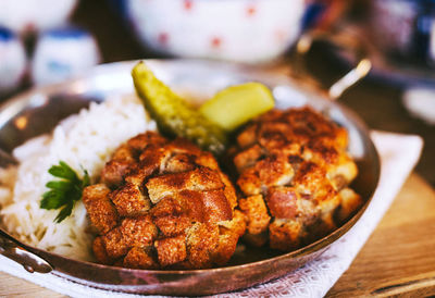 Close-up of meal served on table