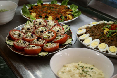 High angle view of food served on table