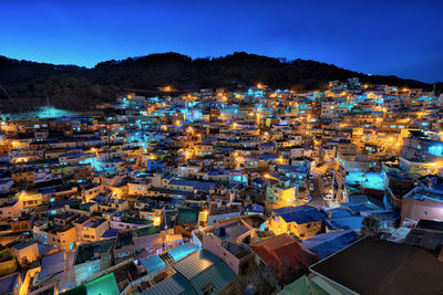 Aerial view of illuminated houses in town against sky at night