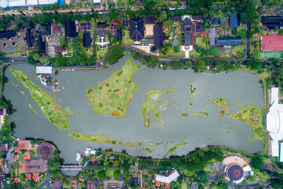 High angle view of buildings in city