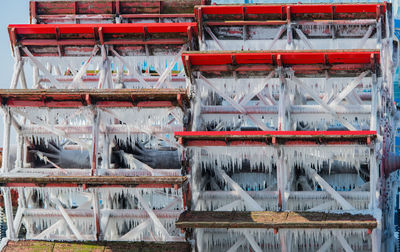 Close-up of frozen paddleboat wheels