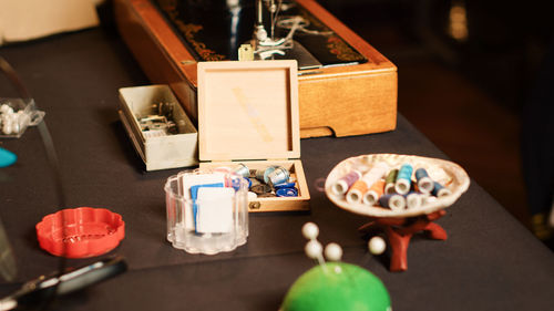 Close-up of christmas decorations on table