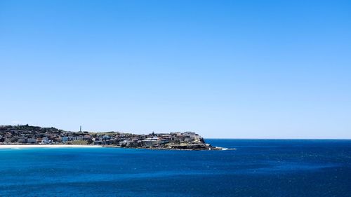 Scenic view of sea against clear blue sky