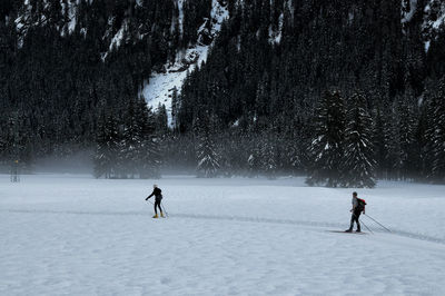 People skiing on snowy field against trees