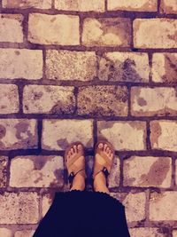 Low section of woman standing on brick wall