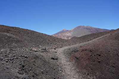 Scenic view of desert against clear blue sky