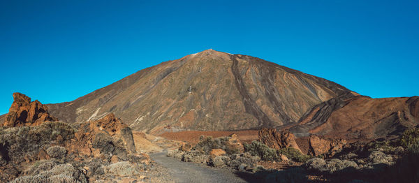 Scenic view of arid landscape against clear blue sky