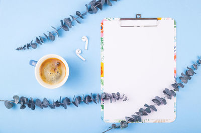 High angle view of coffee on table