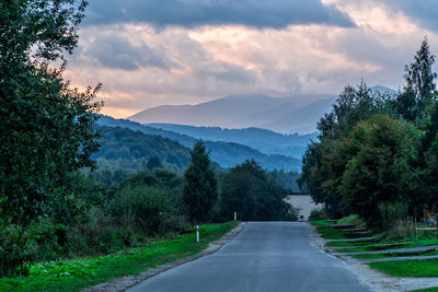 Empty road along trees and plants against sky