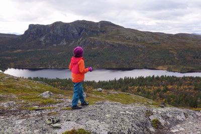 Rear view of boy standing on rock by lake against sky