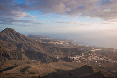 Aerial view of landscape and mountains against sky