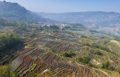 Aerial view of agricultural landscape against sky