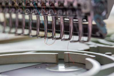 Close-up of colorful threads in sewing machine