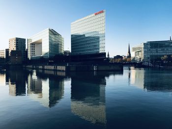 Reflection of buildings in city against clear sky