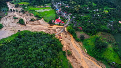 High angle view of road amidst trees