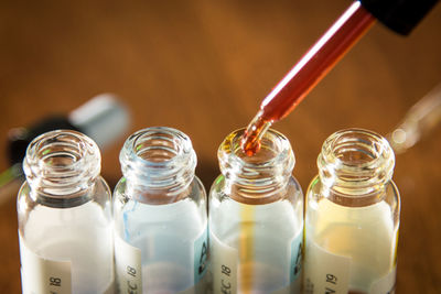 Close-up of medical sample dripping in bottle on table