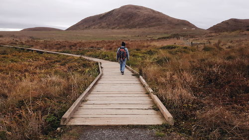 Rear view of man walking on boardwalk