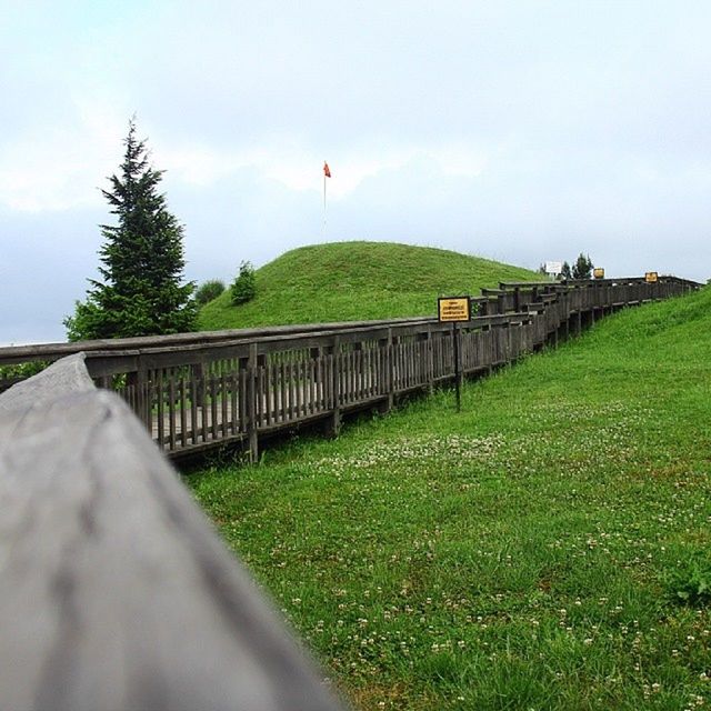 grass, sky, green color, field, landscape, grassy, the way forward, tranquility, tranquil scene, nature, diminishing perspective, railing, cloud - sky, tree, fence, day, scenics, bridge - man made structure, connection, green