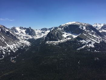 Scenic view of snowcapped mountains against clear blue sky