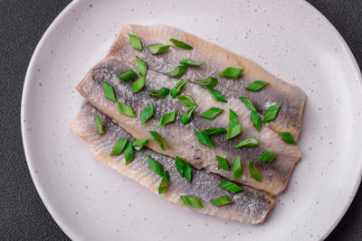 High angle view of food in plate on table