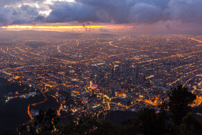 Aerial view of cityscape against sky at sunset