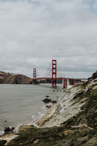 View of suspension bridge against cloudy sky