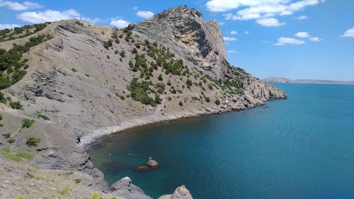 High angle view of mountain by sea against sky