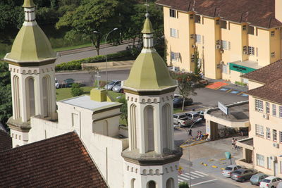 High angle view of buildings in city