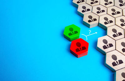 Close-up of toy blocks on blue background