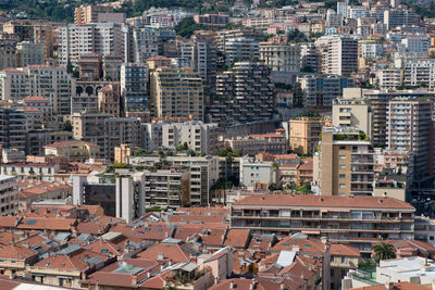 High angle view of buildings in city