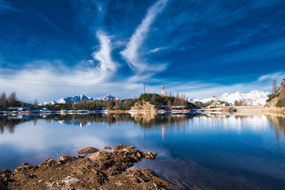 Scenic view of lake against blue sky