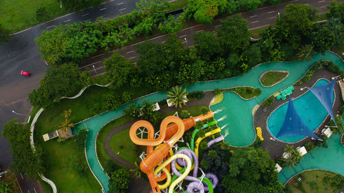 High angle view of swimming pool by lake