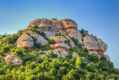 Low angle view of rock formation against clear sky