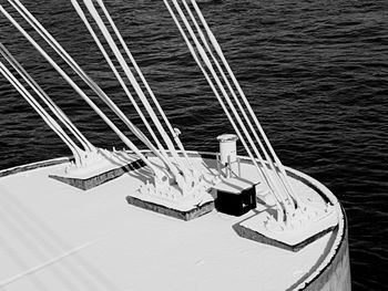 High angle view of ship sailing on sea