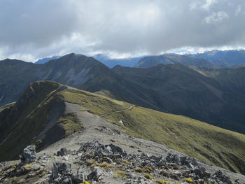 Scenic view of mountains against cloudy sky