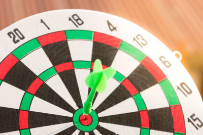 Close-up of dart on bulls-eye