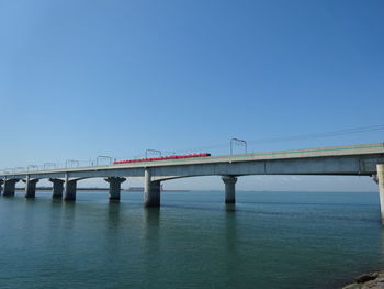 Low angle view of bridge over river against clear blue sky