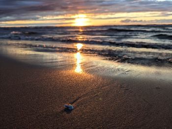 Scenic view of sea against sunset sky