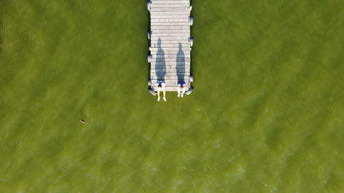 High angle view of ship on sea shore