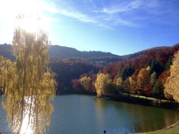 Scenic view of river and mountains against sky