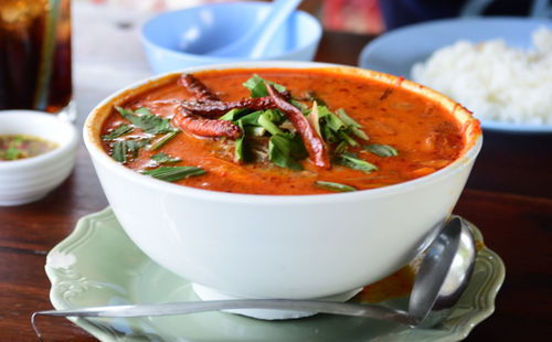 Close-up of soup in bowl on table