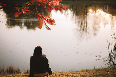 Rear view of young woman sitting by lake under a tree in autumn