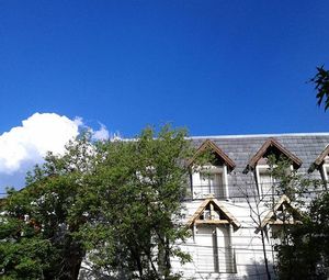 Low angle view of houses against blue sky